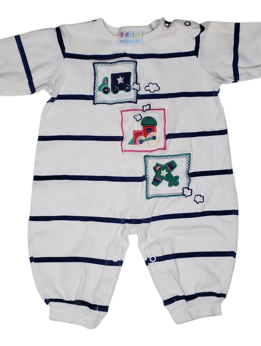 VTG Miniwear Striped Baby Romper 3/6 MOS 100% Cotton Vehicle Plane Train